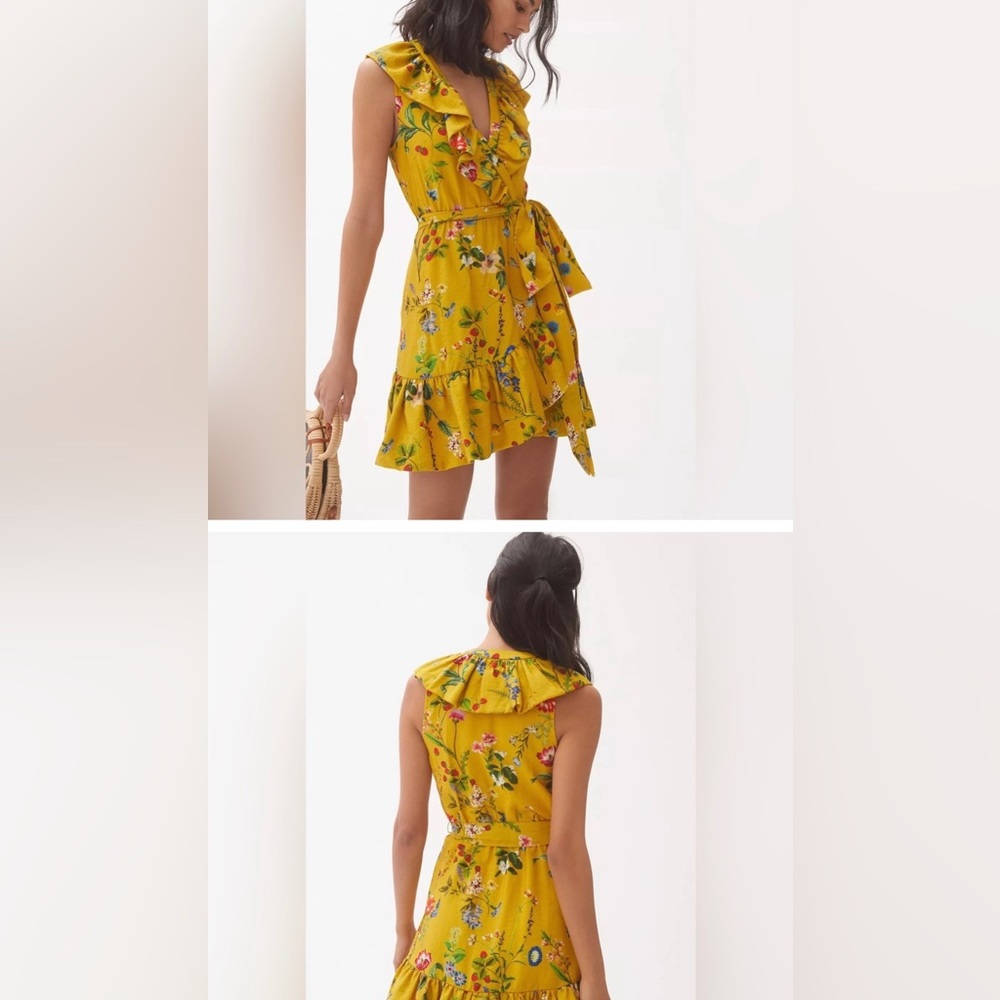 Anthropologie Maeve Golden Yellow Floral-Wrap Mini Dress Medium